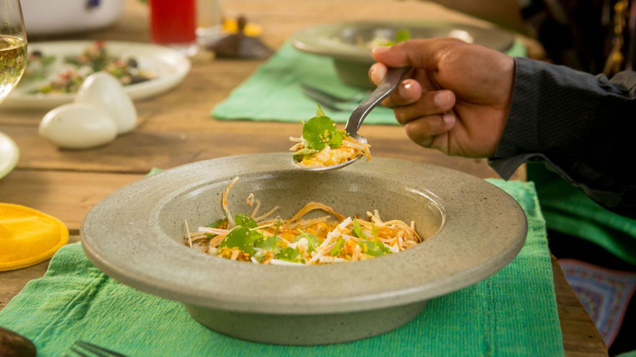 The menu at Colours of the Garden at Soneva Kiri consists of seven plant-based dishes.