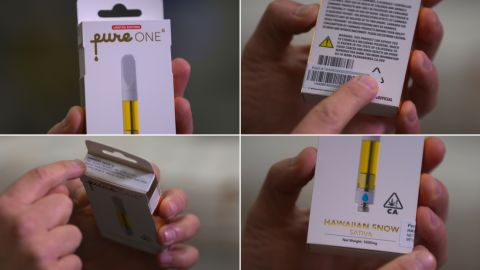 This is a legal Pure brand THC cartridge. Legal products are required to have certain markings on their packaging including state warnings, lab results and a unique identification tag.