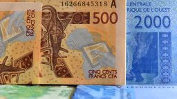 A picture taken shows franc CFA banknotes.
