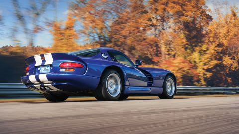This 1997 Dodge Viper gets 450 horsepower from a huge V10 engine.