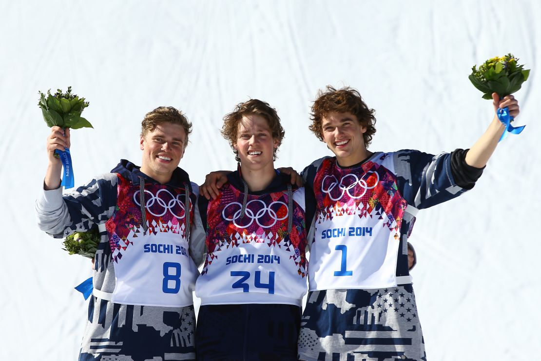 Silver medalist Kenworthy (left),  gold medalist Joss Christensen (center) and bronze medalist Nicholas Goepper (right) on the podium after the freestyle skiing men's slopestyle finals.
