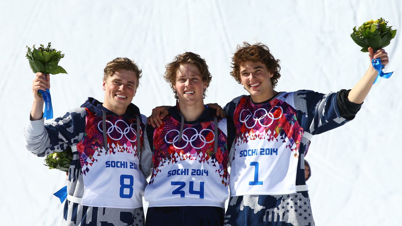 Silver medalist Kenworthy (left), gold medalist Joss Christensen (center) and bronze medalist Nicholas Goepper (right) on the podium after the freestyle skiing men's slopestyle finals.