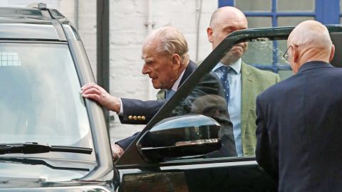 The Duke of Edinburgh leaves King Edward VII Hospital in London.