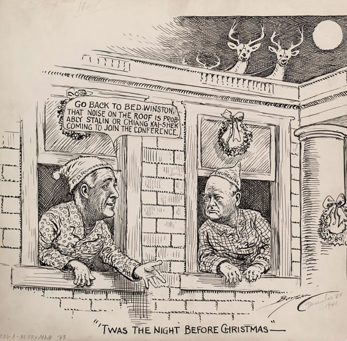 World War II cartoon, drawn on Christmas Eve, showing President Roosevelt and British Prime Minister Churchill leaning out the windows of the White House, wearing pajamas and nightcaps. On the roof can be seen two reindeer. Roosevelt says, "Go back to bed, Winston, that noise on the roof is probably Stalin or Chiang Kai-Shek coming to join the conference." When the United States entered the war after the December 7, 1941 attack on Pearl Harbor by the Japanese, Churchill immediately visited Washington, arriving on December 22 for consultations with Roosevelt. Berryman suggests that the other Allied leaders may soon be wishing to consult as well.