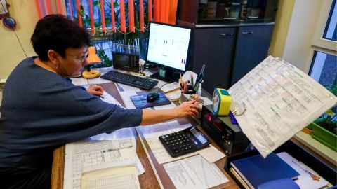 An employee at a weather station of the Tsentralnoye UGMS (the Central Territorial Administration for Hydrometeorological and Environmental Monitoring) at Moscow's VDNKh exhibition center.