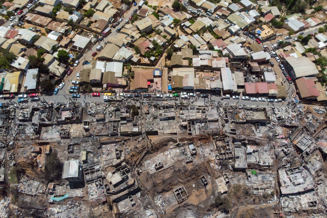 Aerial view of burnt houses after a forest fire in Valparaiso, Chile.