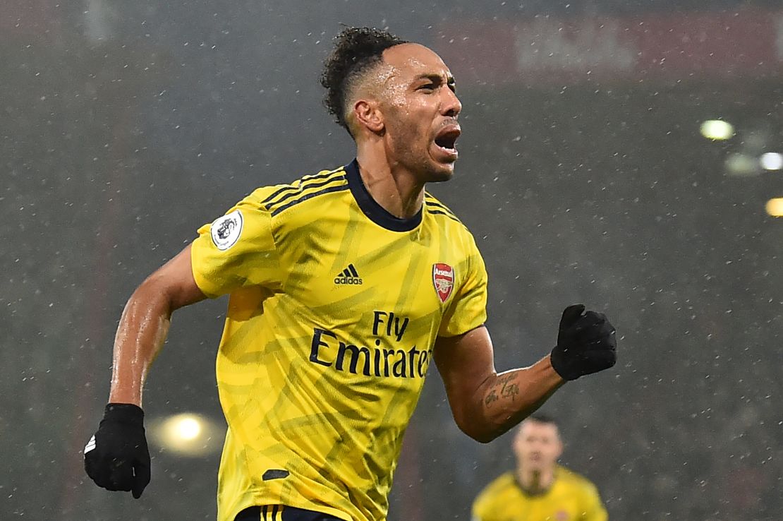 Arsenal's Gabonese striker Pierre-Emerick Aubameyang celebrates scoring his team's equalizer at Bournemouth in the 1-1 draw. 