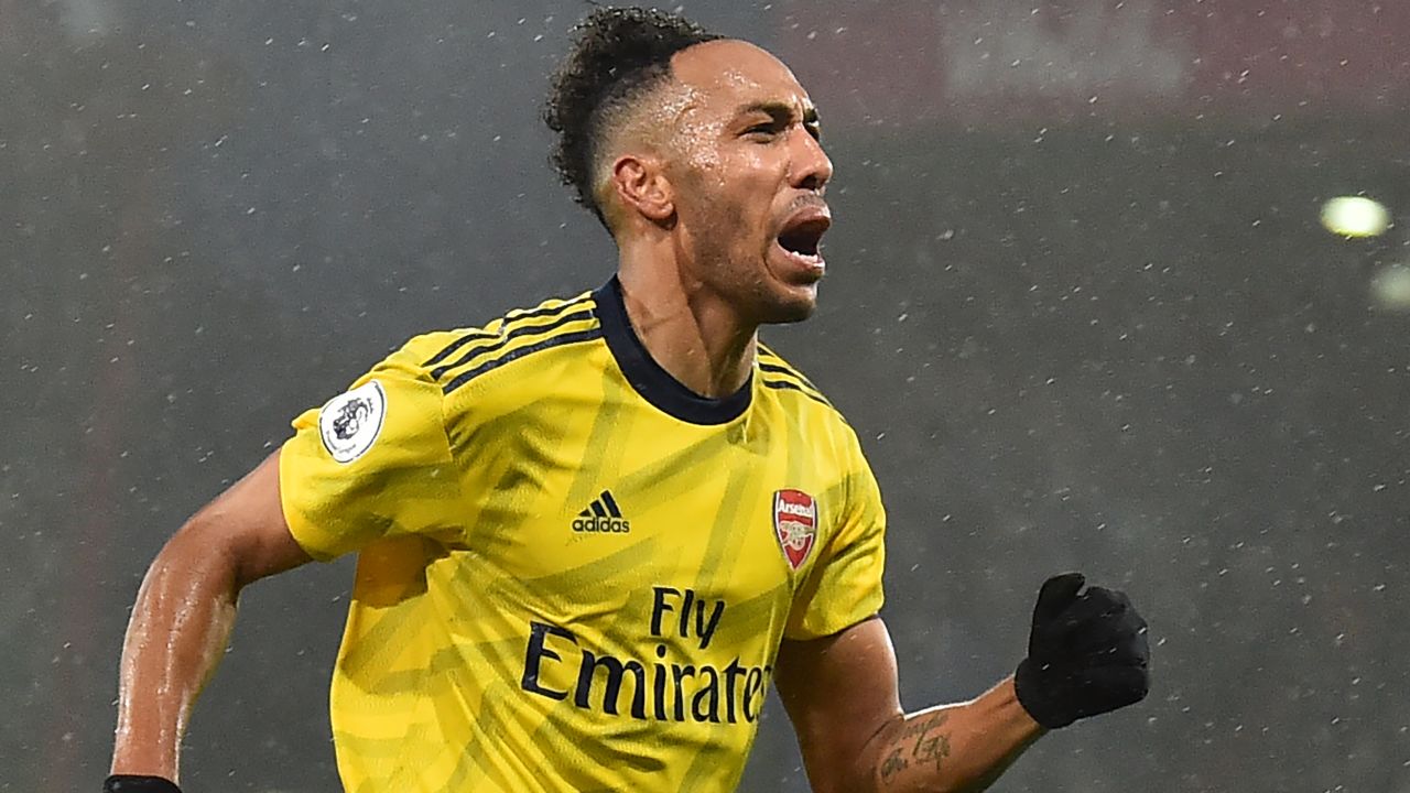 Arsenal's Gabonese striker Pierre-Emerick Aubameyang celebrates scoring his team's equalizer at Bournemouth in the 1-1 draw.
