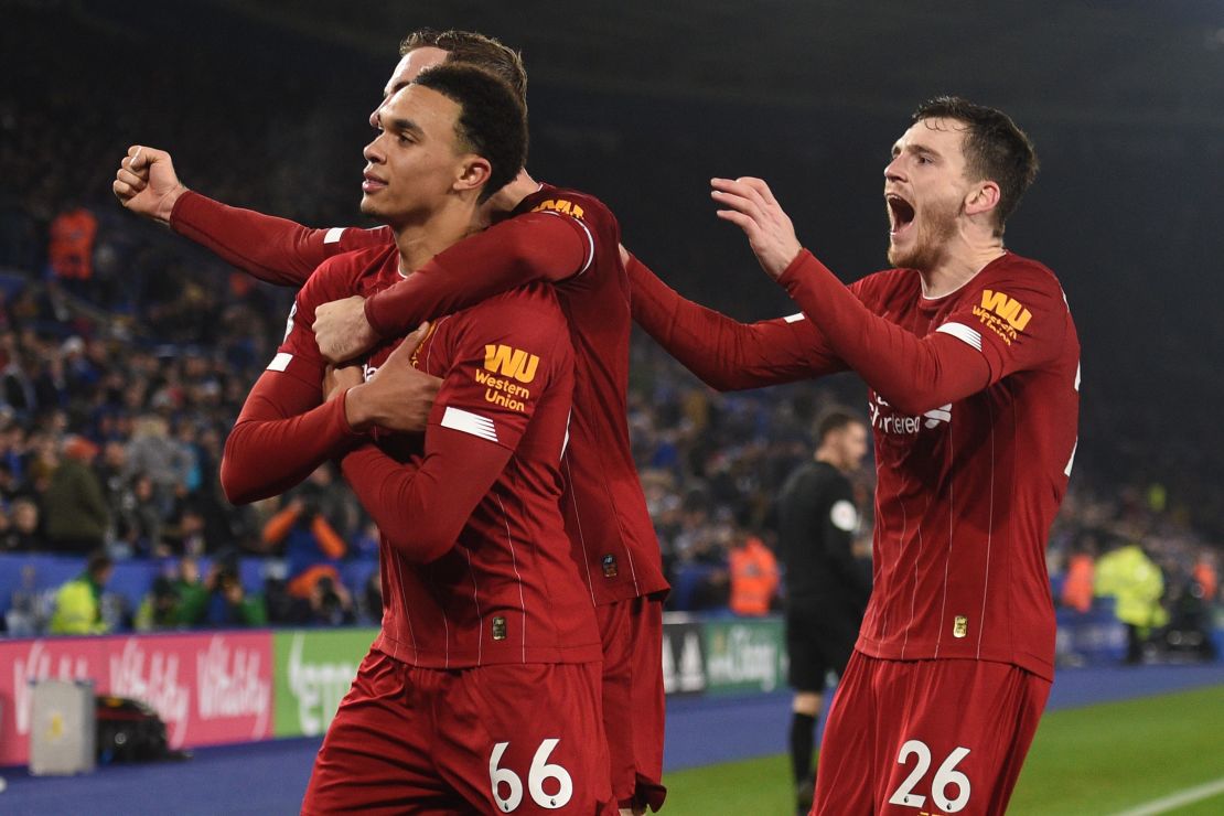 Trent Alexander-Arnold (far left) had two assists and rounded off the scoring in the rout of Leicester City. 