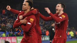 Trent Alexander-Arnold (far left) had two assists and rounded off the scoring in the rout of Leicester City in the top of the table clash. 