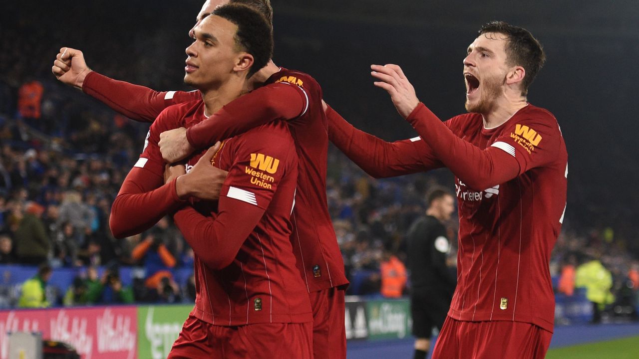Trent Alexander-Arnold (far left) had two assists and rounded off the scoring in the rout of Leicester City. 