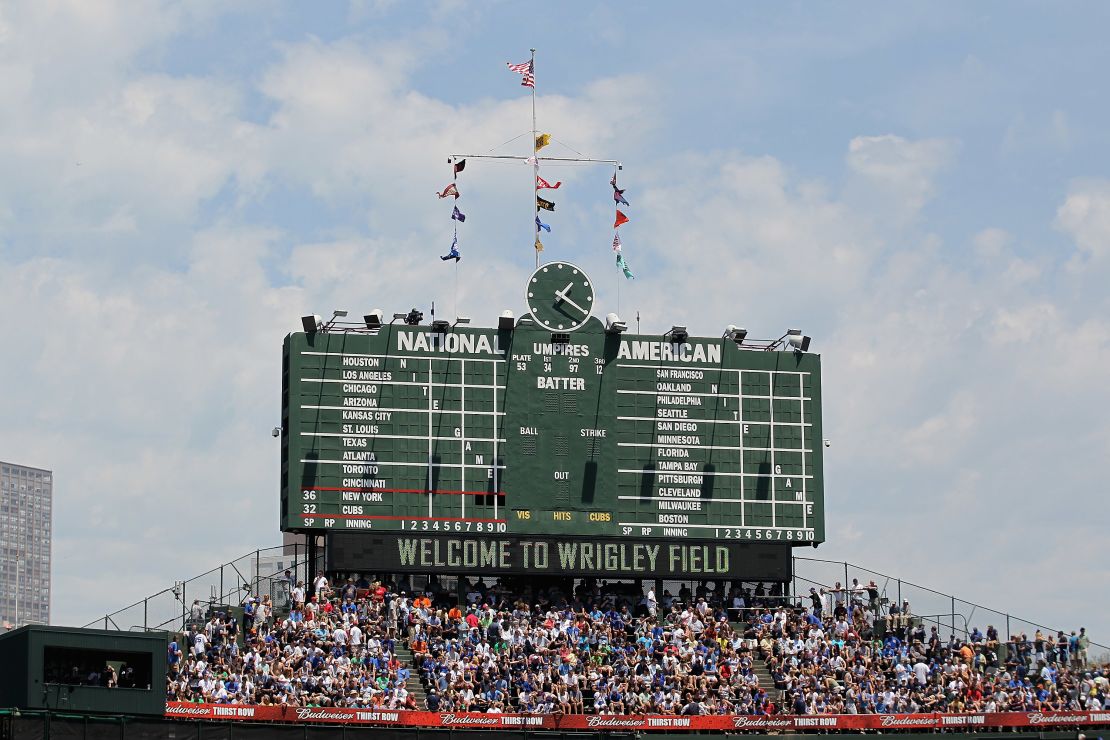 The scoreboard at Wrigley Field is seen before the Chicago Cubs take on the New York Yankees.