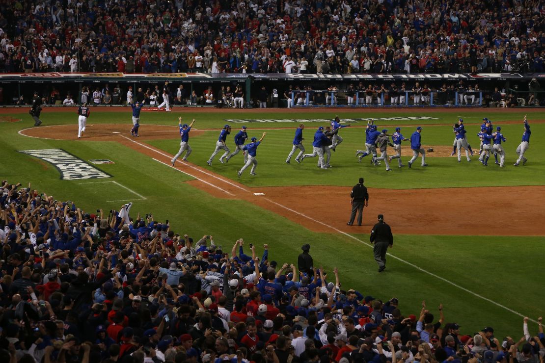 The Chicago Cubs celebrate defeating the Cleveland Indians 8-7 in Game Seven of the 2016 World Series.