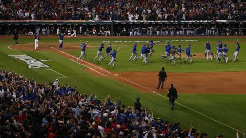 The Chicago Cubs celebrate defeating the Cleveland Indians 8-7 in Game Seven of the 2016 World Series.