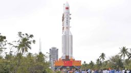 WENCHANG, Dec. 21, 2019 -- Carrier rocket Long March-5 Y3 is seen at the Wenchang Space Launch Center in south China's Hainan Province, Dec. 21, 2019.
  The third Long March-5 rocket, China's largest carrier rocket, was vertically transported to the launching area at the Wenchang Space Launch Center in south China's Hainan Province on Saturday.   It is planned to be launched at the end of December, according to the China National Space Administration. (Photo by Zhang Gaoxiang/Xinhua via Getty) (Xinhua/ via Getty Images)