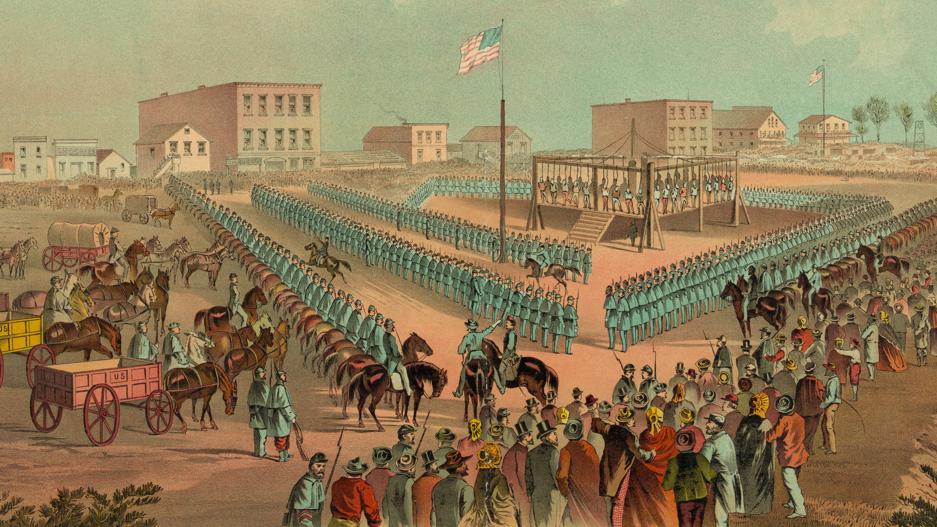 A lithograph from 1883 depicting the execution of the 38 Dakota Indians at Mankato, Minnesota, December 26, 1862.