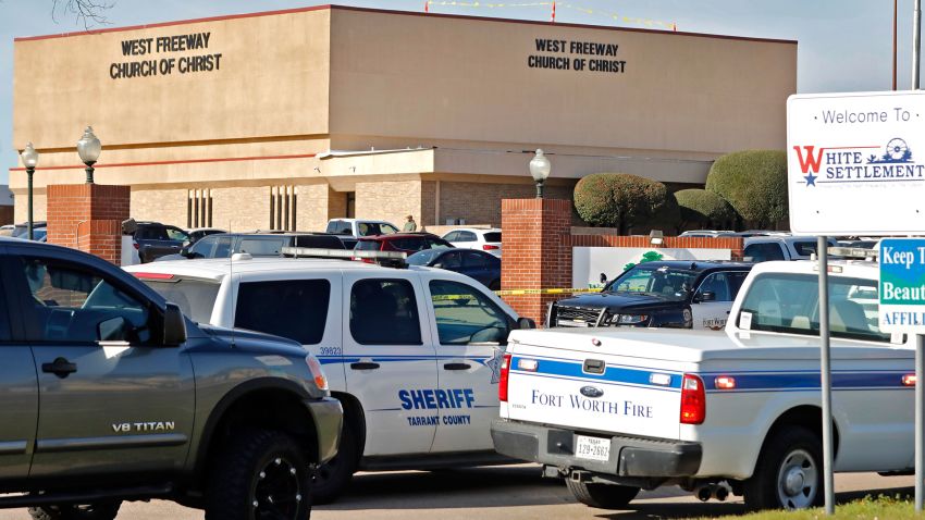 WHITE SETTLEMENT, TX - DECEMBER 29: Law enforcement vehicles are parked outside West Freeway Church of Christ where a shooting took place at the morning service on December 29, 2019 in White Settlement, Texas. The gunman was killed by armed members of the church after he opened fire during Sunday services. One other parishioner was killed by the assailant. (Photo by Stewart  F. House/Getty Images)