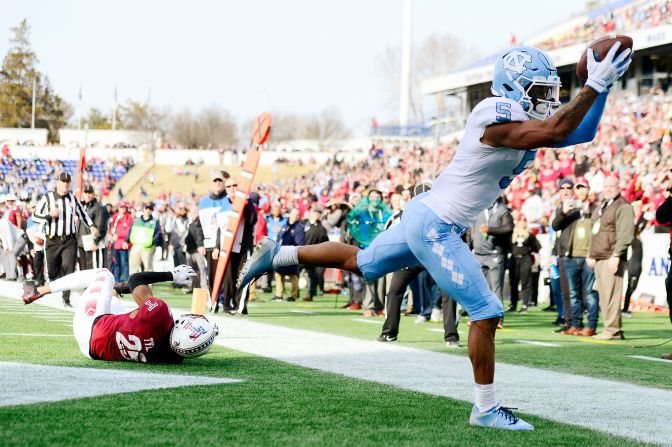 North Carolina wide receiver Dazz Newsome catches a touchdown pass during the Military Bowl against Temple University in Annapolis, Maryland, on Friday, December 27. The Tar Heels defeated the Owls 55-13.