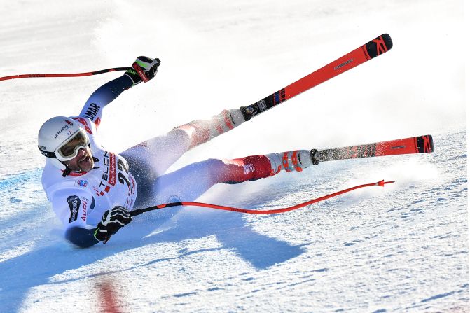 Brice Roger of France falls during his run in the Men's Downhill race during the FIS Alpine Ski World Cup on Saturday, December 28.