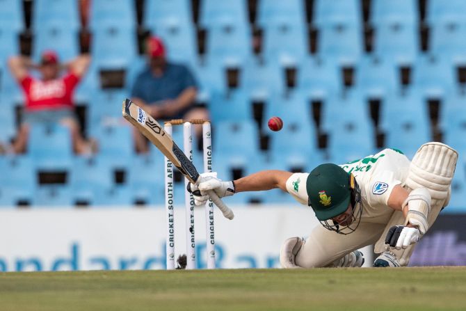 South Africa's Anrich Nortje ducks under a delivery from England's Jofra Archer during a test match at Centurion Park in Pretoria, South Africa, on Friday, December 27.