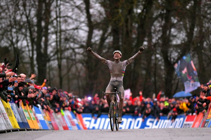 Netherlands' Mathieu van der Poel celebrates after winning the 2019 Namur UCI cyclocross World Cup in Namur, Belgium, on Sunday, December 22.
