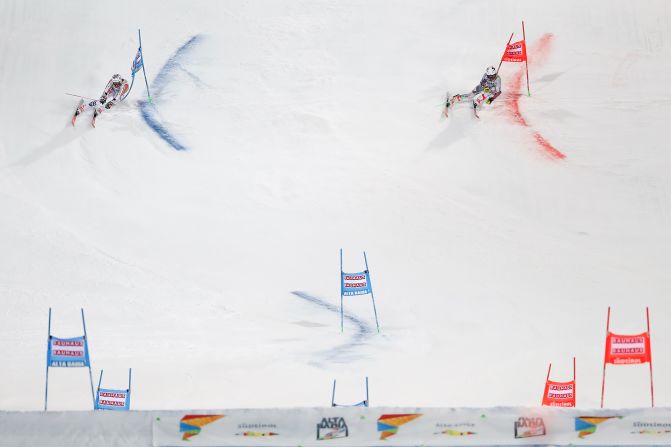 Stefan Luitz of Germany and Rasmus Windingstad of Norway compete during the Men's Parallel Giant Slalom on Monday, December 23, in Alta Badia, Italy.