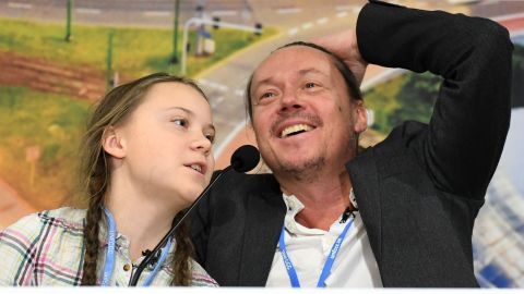 Greta Thunberg and her father Svante attend a press conference during the COP24 summit on climate change in Katowice, Poland on December 4, 2018. 