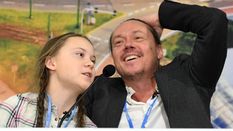 Greta Thunberg and her father Svante attend a press conference during the COP24 summit on climate change in Katowice, Poland on December 4, 2018.