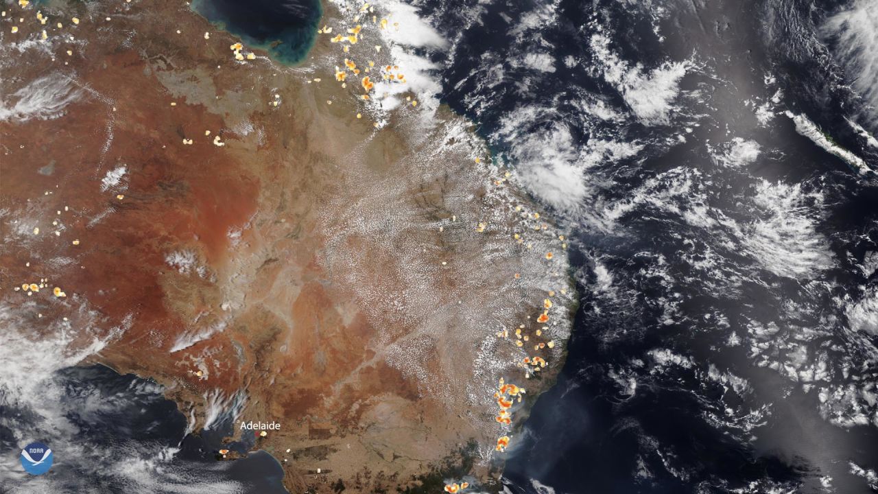 A satellite image of the bushfires burning across Australia on December 26.