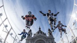 ST. PAUL, MN - JANUARY 18: In this handout photo provided by Red Bull, Maxwell Dunne and Cameron Naazs of the United States and Scott Croxall and Kyle Croxall of Canada perform during a training session at the first stage of the ATSX Ice Cross Downhill World Championship at the Red Bull Crashed Ice in Saint Paul, Minnesota on January 18, 2018. (Photo by Joerg Mitter/Red Bull via Getty Images)
