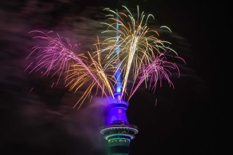 Fireworks are set off from the Sky Tower in Auckland, New Zealand.