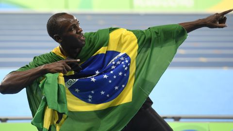 Usain Bolt with his trademark celebration of a gold medal for Jamaica in the 4x100m relay at the 2016 Rio Olympics. It was his eighth and final Olympic gold medal.