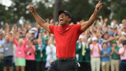 Tiger Woods is ecstatic after winning the 2019 US Masters at Augusta to snap an 11-year gap since his last major in 2008. 