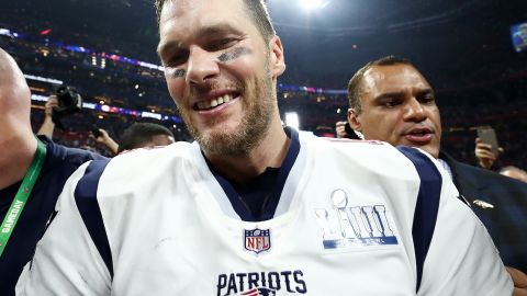Tom Brady of the New England Patriots celebrates a 13-3 win over the Los Angeles Rams at Super Bowl LIII in Atlanta.