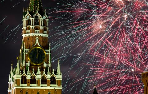 Fireworks explode near the Spasskaya Tower during New Year's celebrations in Moscow's Red Square.