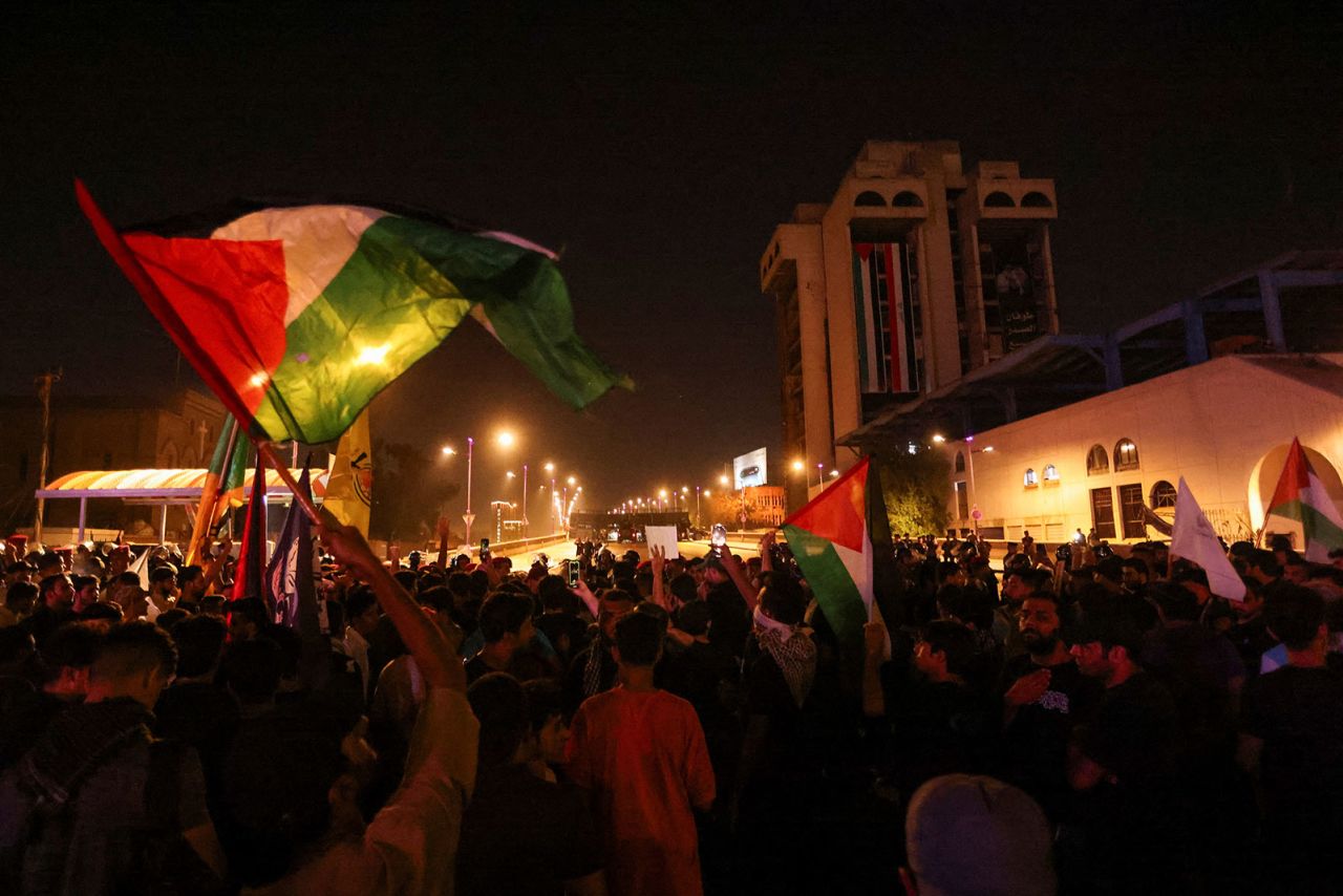 Iraqis take part in a protest  in Baghdad,?Iraq, on October 18, 2023.