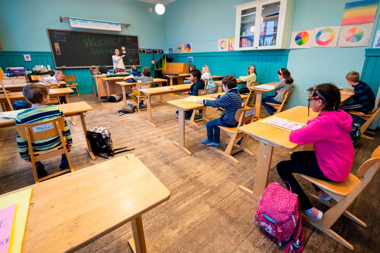 third grade students at Nordstrand Steinerskole school in Oslo learn after school reopened on April 27. 