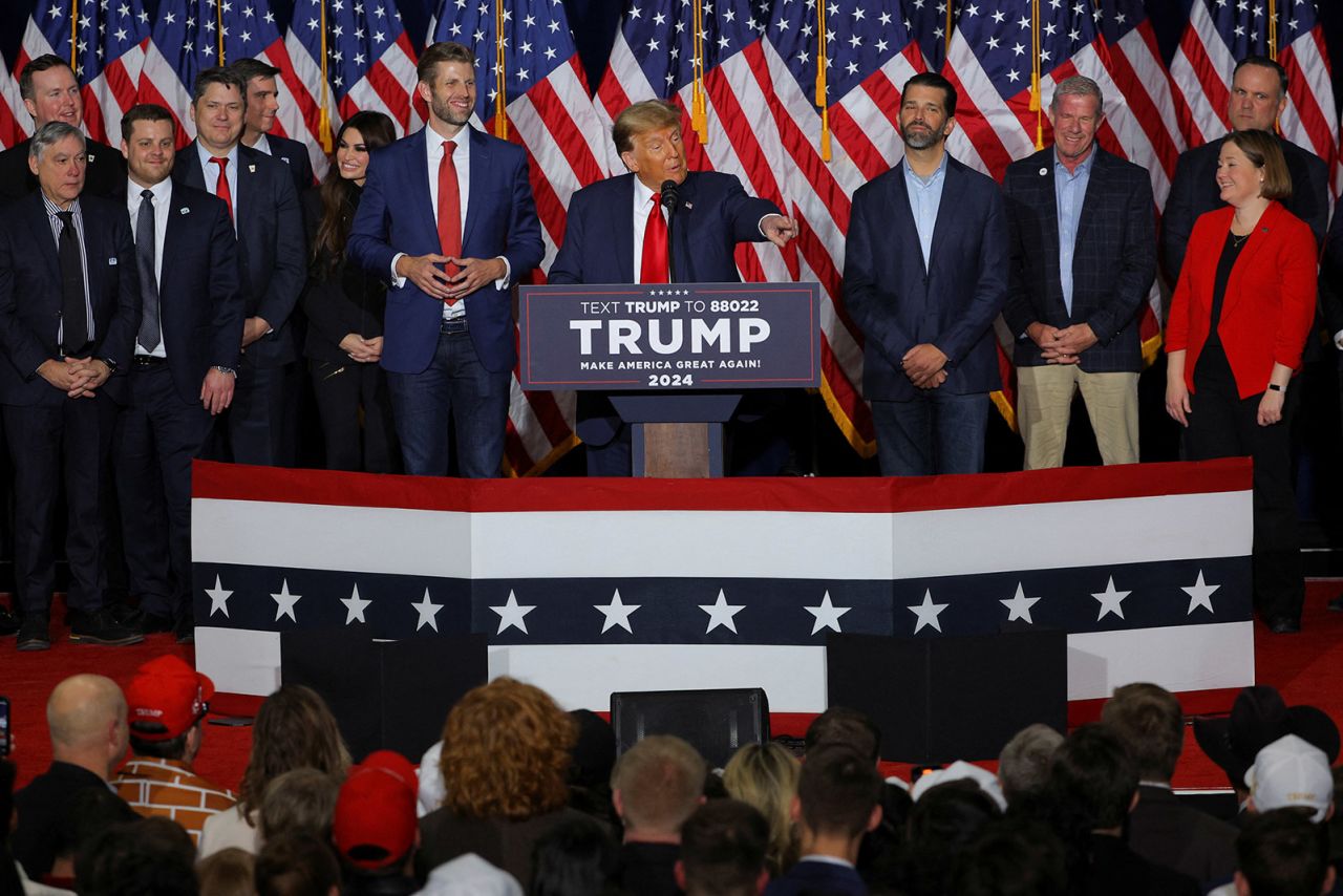 Trump speaks at his caucus night watch party.