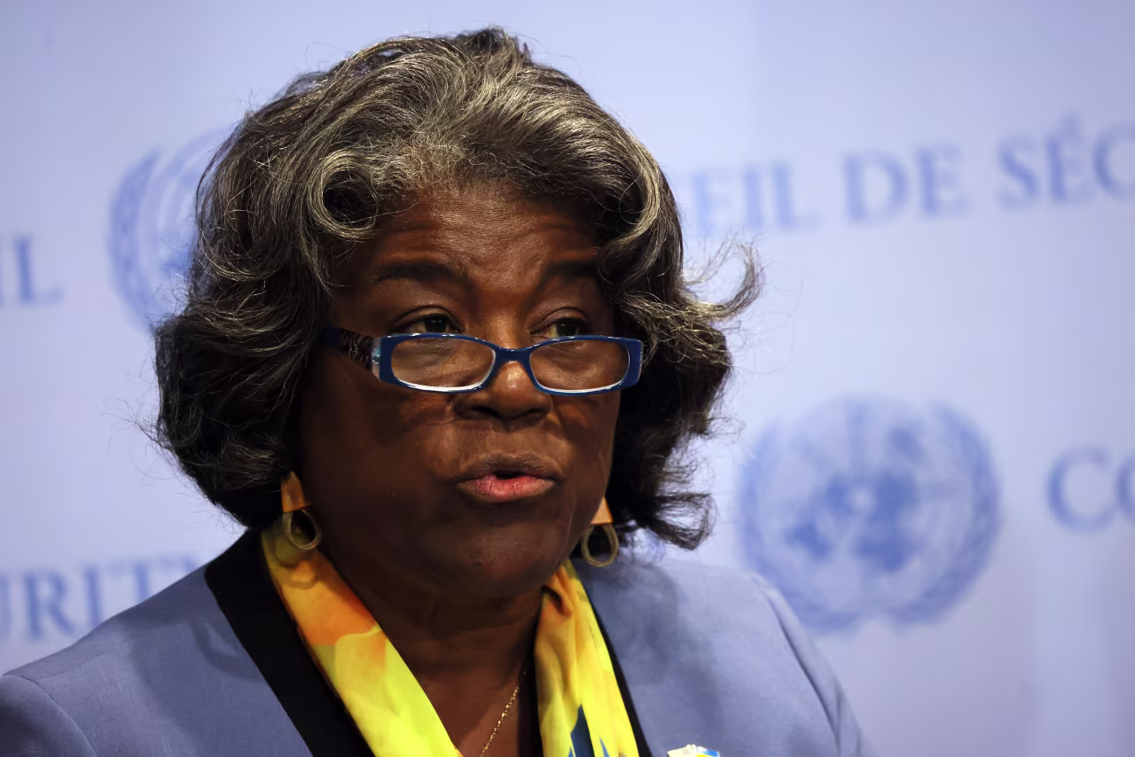 US representative to the United Nations and president of the UN Security Council for the month of August Ambassador Linda Thomas-Greenfield speaks during a press conference after a meeting of the UN Security Council on maintenance of peace and security of Ukraine at the United Nations Security headquarters on August 24, 2023 in New York City. 