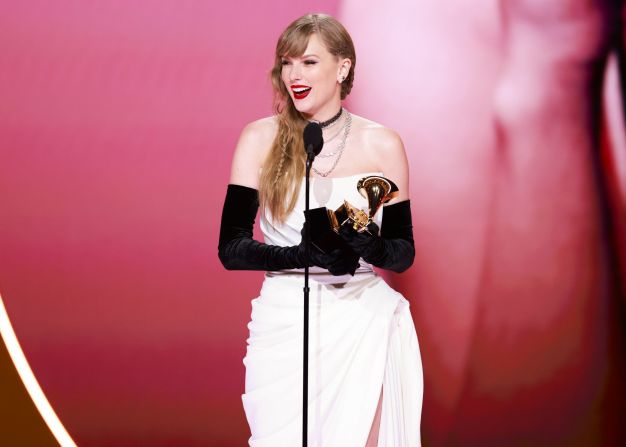 Swift accepts the Grammy for best pop vocal album ("Midnights"). During her acceptance speech, <a href="https://www.cnn.com/2024/02/04/entertainment/taylor-swift-tortured-poets-department">she revealed that her next album</a>, "The Tortured Poets Department," will be released in April.