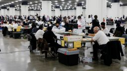 Detroit election workers work on counting absentee ballots at the TCF Center in Detroit, Michigan, on November 4.