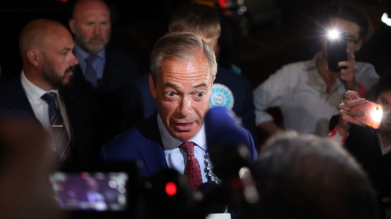 Reform UK leader Nigel Farage speaks to the press as he arrives for the declaration of results in Clacton-on-Sea, England, on July 5. 