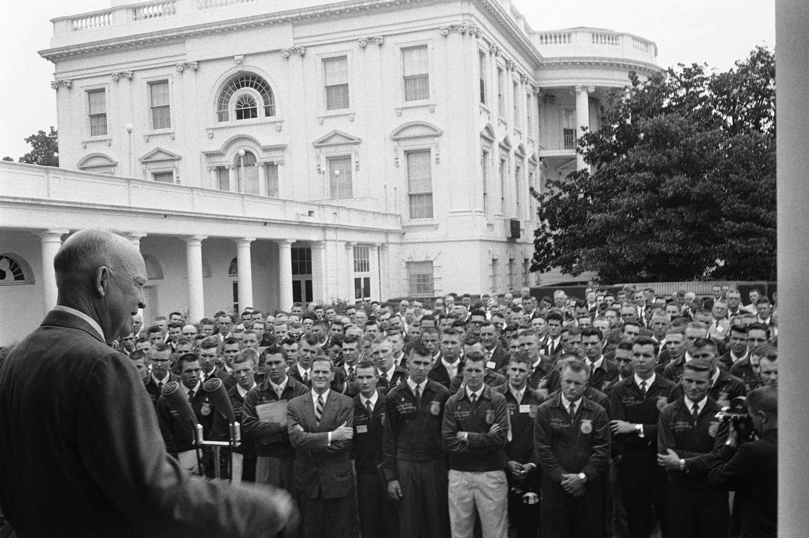 President Dwight D. Eisenhower speaks to Future Farmers of America members in the White House Rose Garden in July 1959.