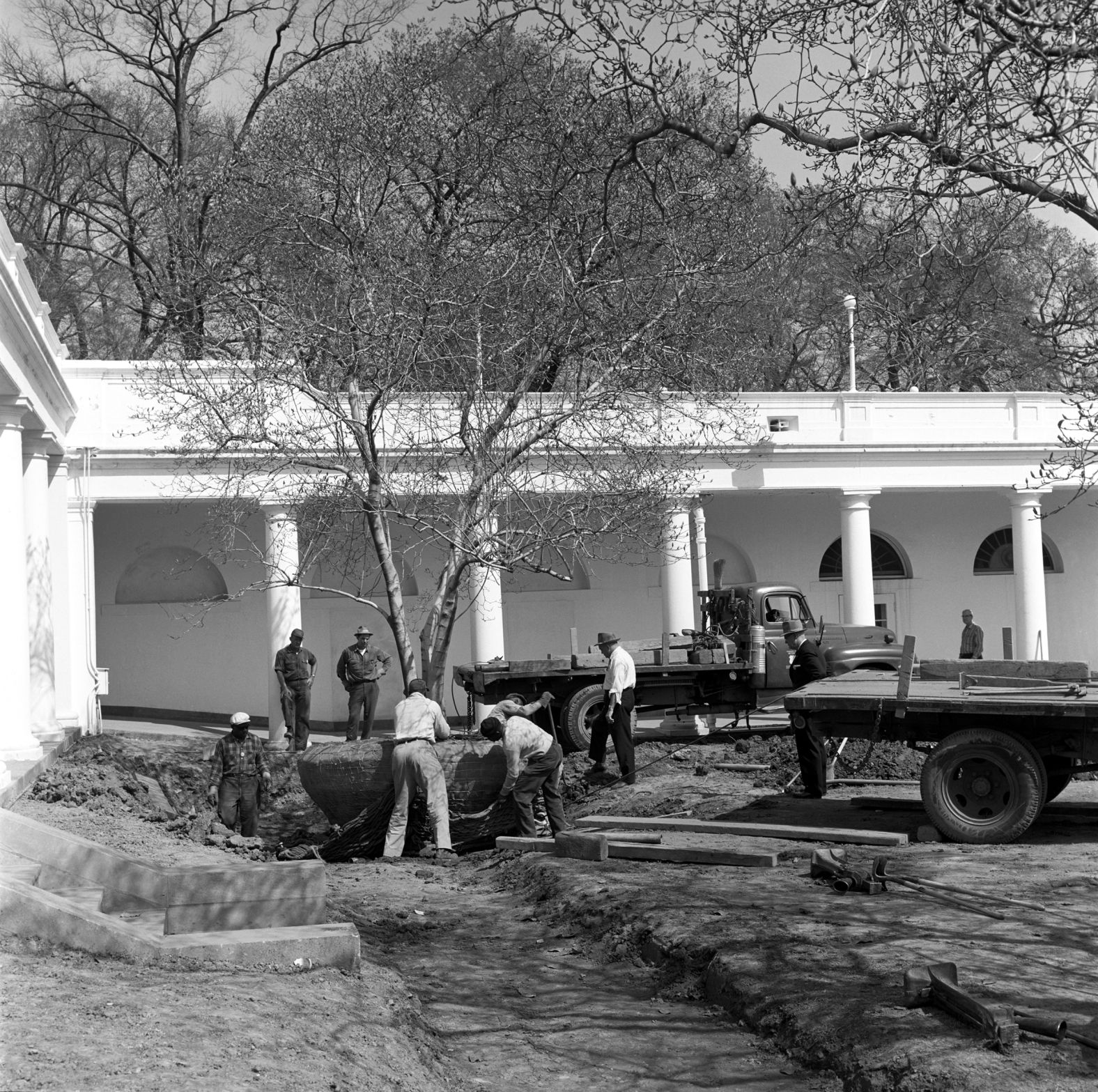 Construction work in progress in the Rose Garden, White House, Washington, D.C. in 30 March 1962.
