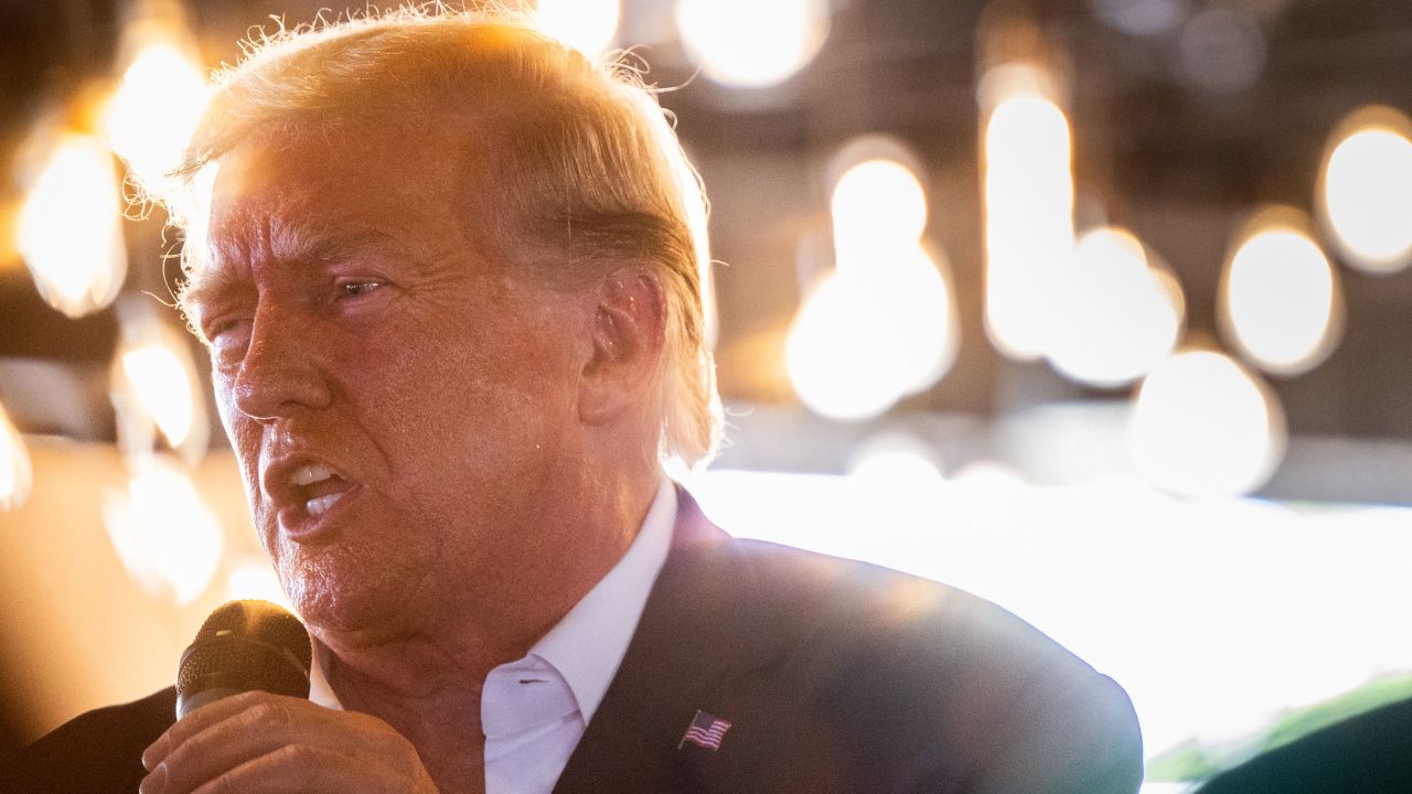 Republican presidential candidate and former President Donald Trump speaks during a rally at the Steer N' Stein bar at the Iowa State Fair on August 12, 2023 in Des Moines, Iowa. 