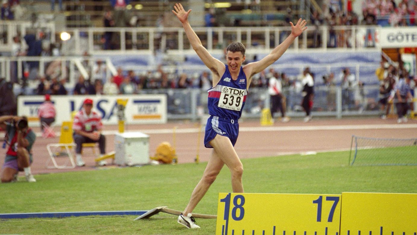 Edwards celebrates a triple jump world record in Gothenburg, Sweden in August 1995.