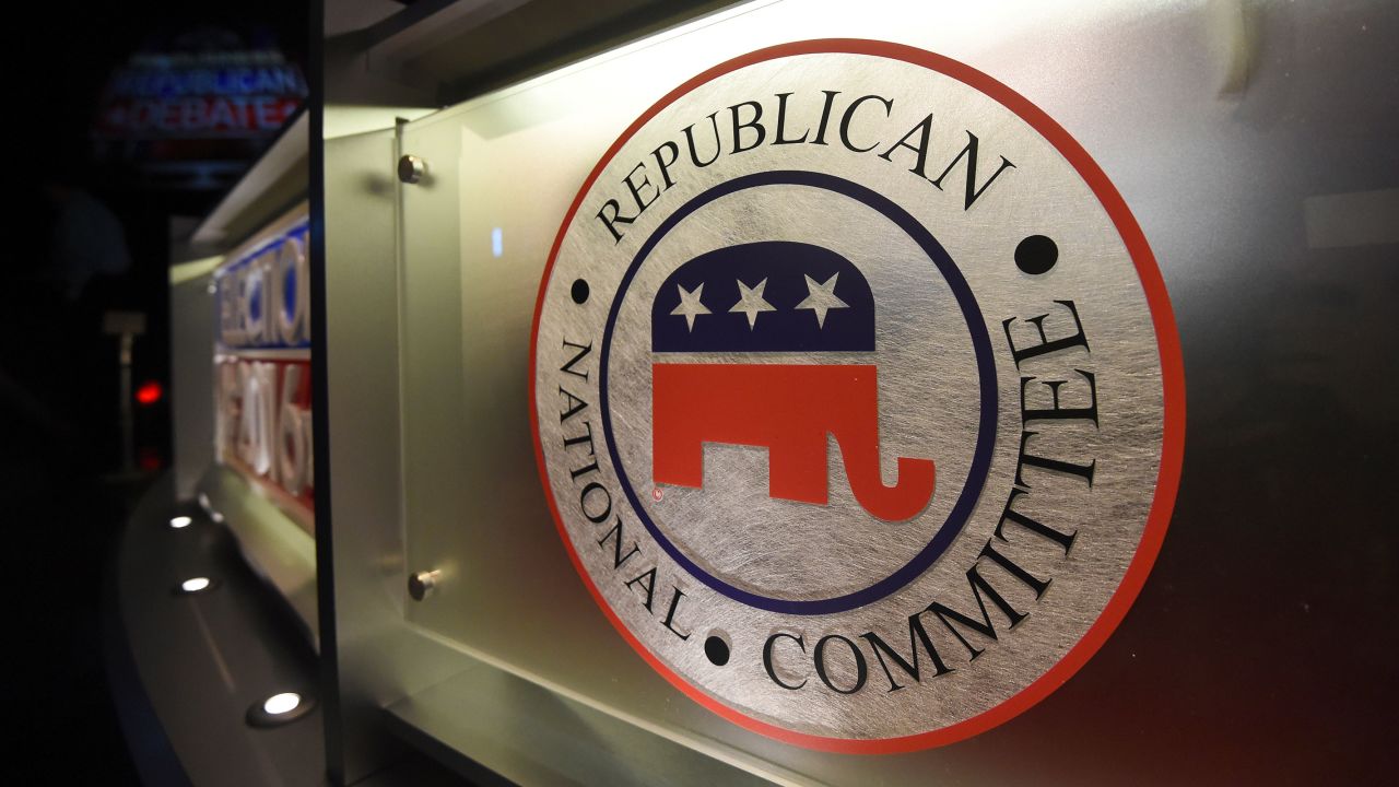 The Republican National Committee logo is shown on the stage as crew members work at the North Charleston Coliseum, in January 2016 in North Charleston, South Carolina.