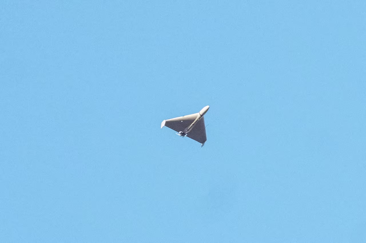 A Russian drone, which local authorities believe to be an Iranian-made unmanned aerial vehicle, in Kyiv on Oct. 17.