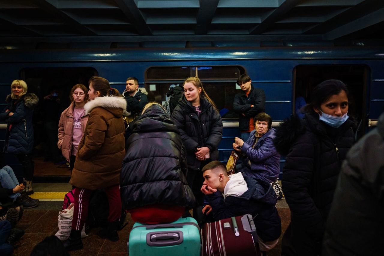 People seek shelter inside a subway station in Kharkiv, Ukraine, on February 24. 