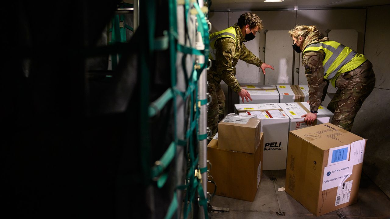 RAF personnel load a batch of the Covid-19 vaccine onto a Voyager aircraft bound for the Falkland Islands at RAF Brize Norton on February 01, 2021 in Brize Norton, England.